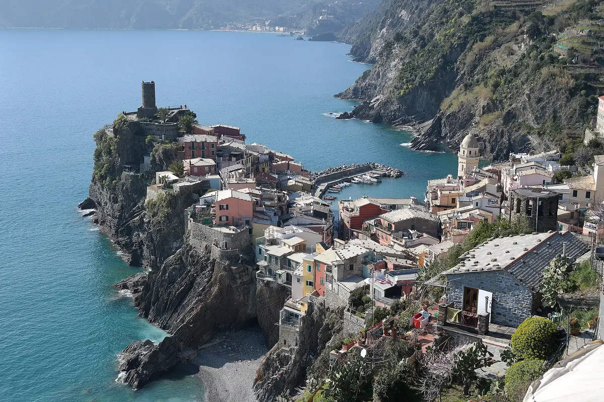 Vernazza village and harbour on the Cinque Terre coast seen from above